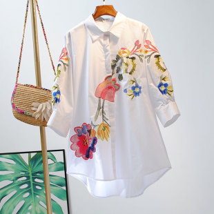 翻领大码 中长款 百搭女衬衣 女精致刺绣显瘦宽松七分袖 加肥加大衬衫