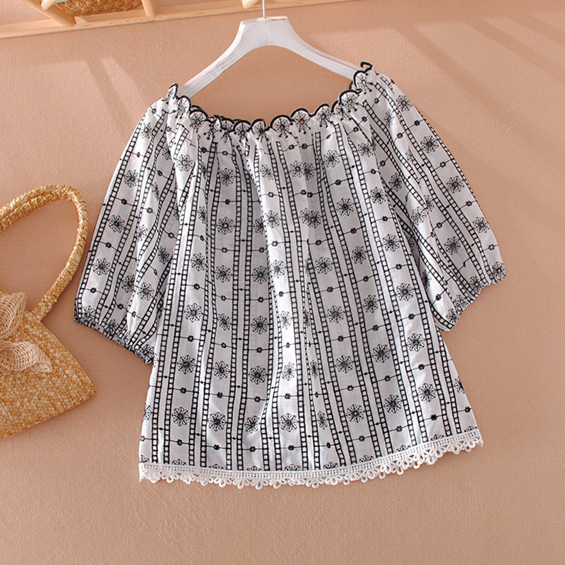 重工刺绣花宽松一字领套头中袖衬衫女夏季慵懒风棉质百搭休闲上衣,女装/女士精品,衬衫,淘宝优惠券,粉丝福利购,淘宝优惠卷