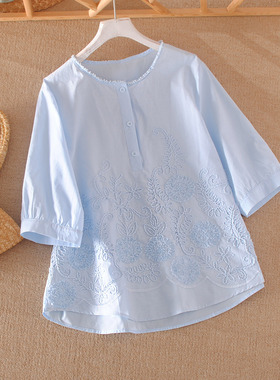 衬衫女蓝色七分袖刺绣盘花棉质衬衣设计感小众上衣圆领气质小衫