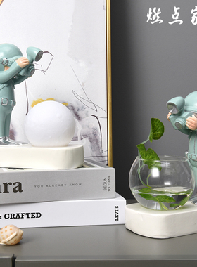 潜水员带灯绿萝玻璃透明桌面装饰