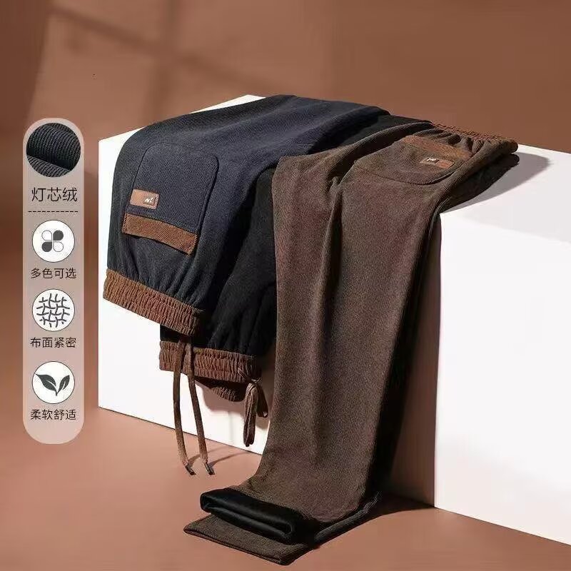 灯芯绒秋冬款男士休闲裤直筒宽松条绒冬季加绒中年爸爸高腰男裤子