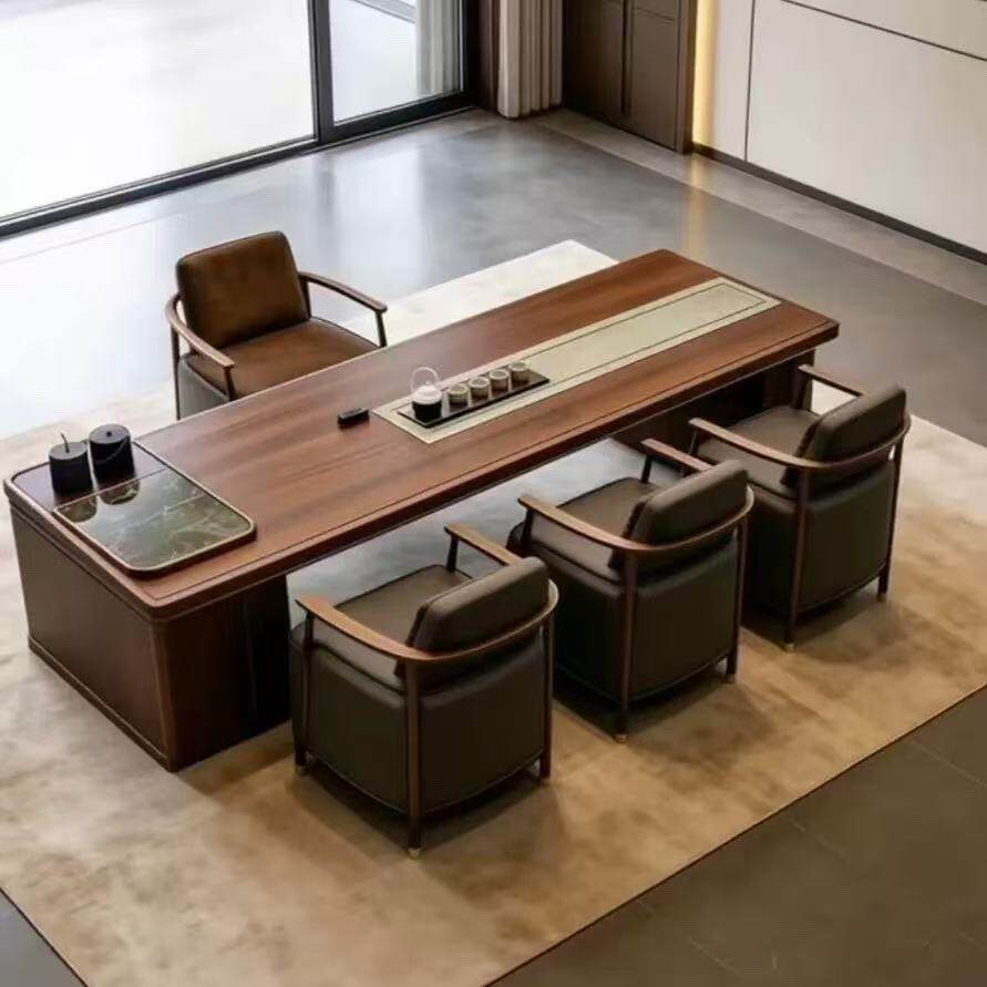 新中式茶桌现代简约轻奢一体侘寂风家用办公室嵌入式实木大板茶台