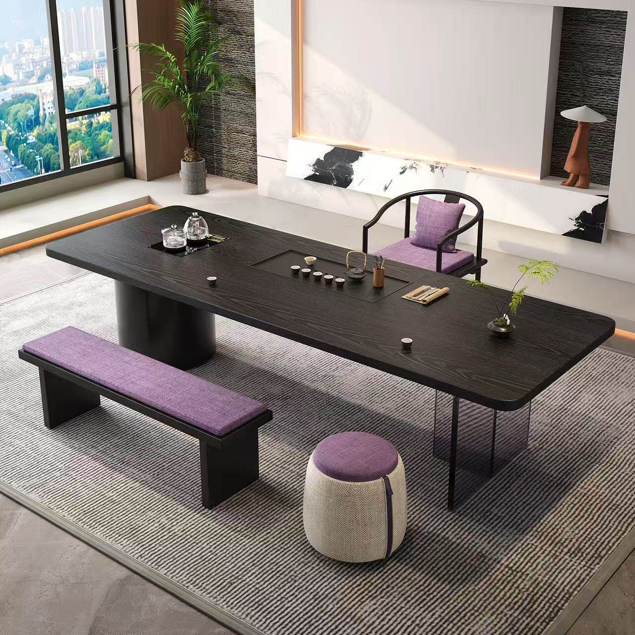 茶台实木茶桌椅组合嵌入式烧水壶办公室接待黑色泡茶桌子一体酒店