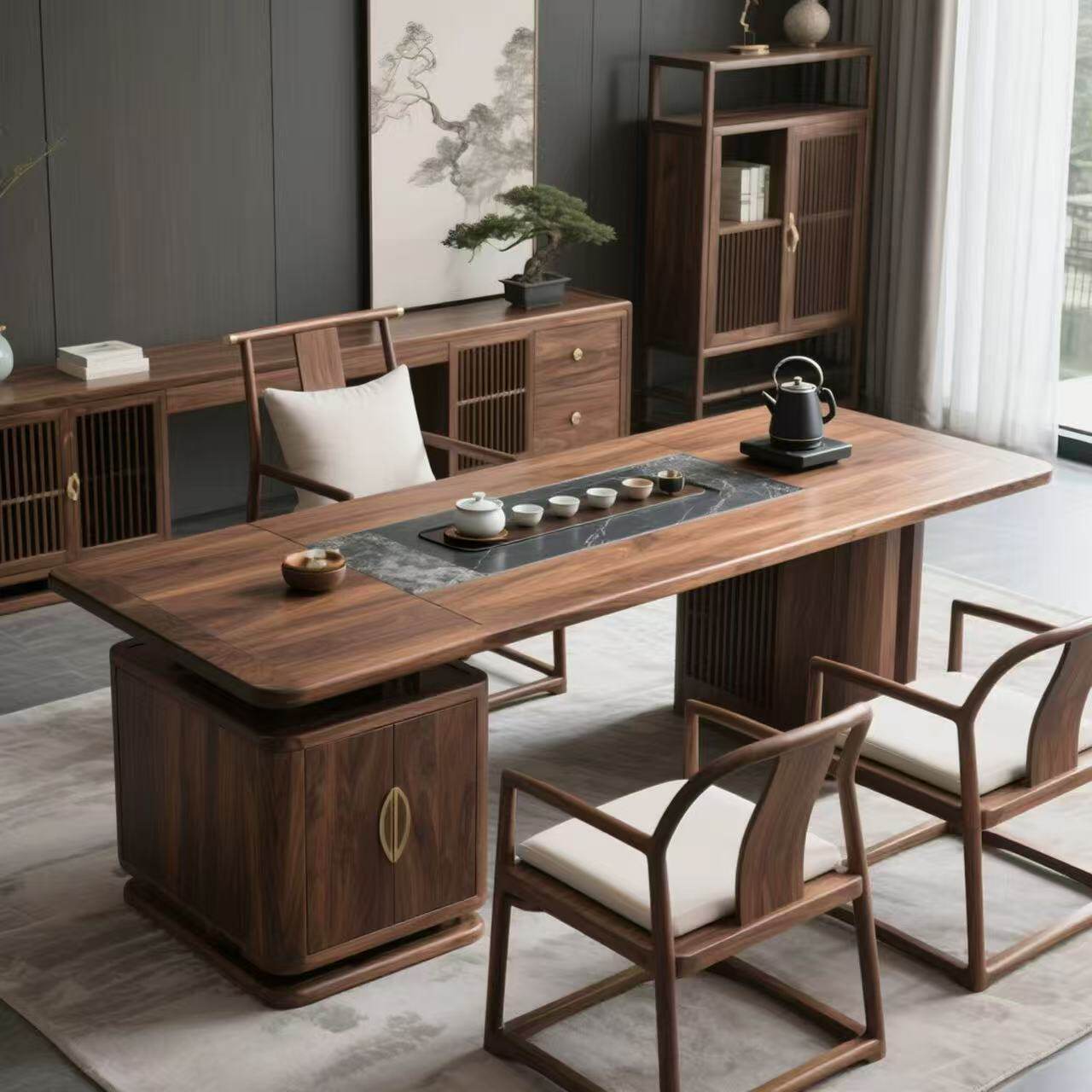 北美黑胡桃木实木茶桌高级岩板泡茶台设计师岛台一体高端家具定制