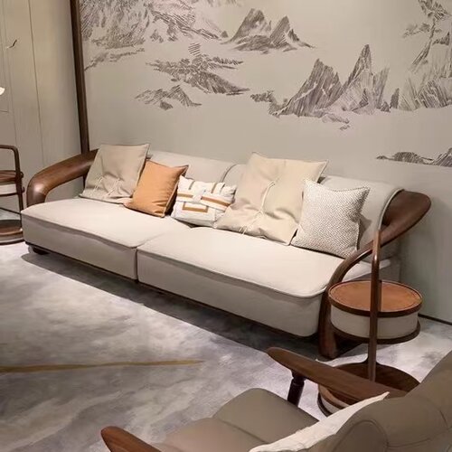 中古风沙发客厅沙发新款胡桃木真皮沙发轻奢高级感实木沙发小户型