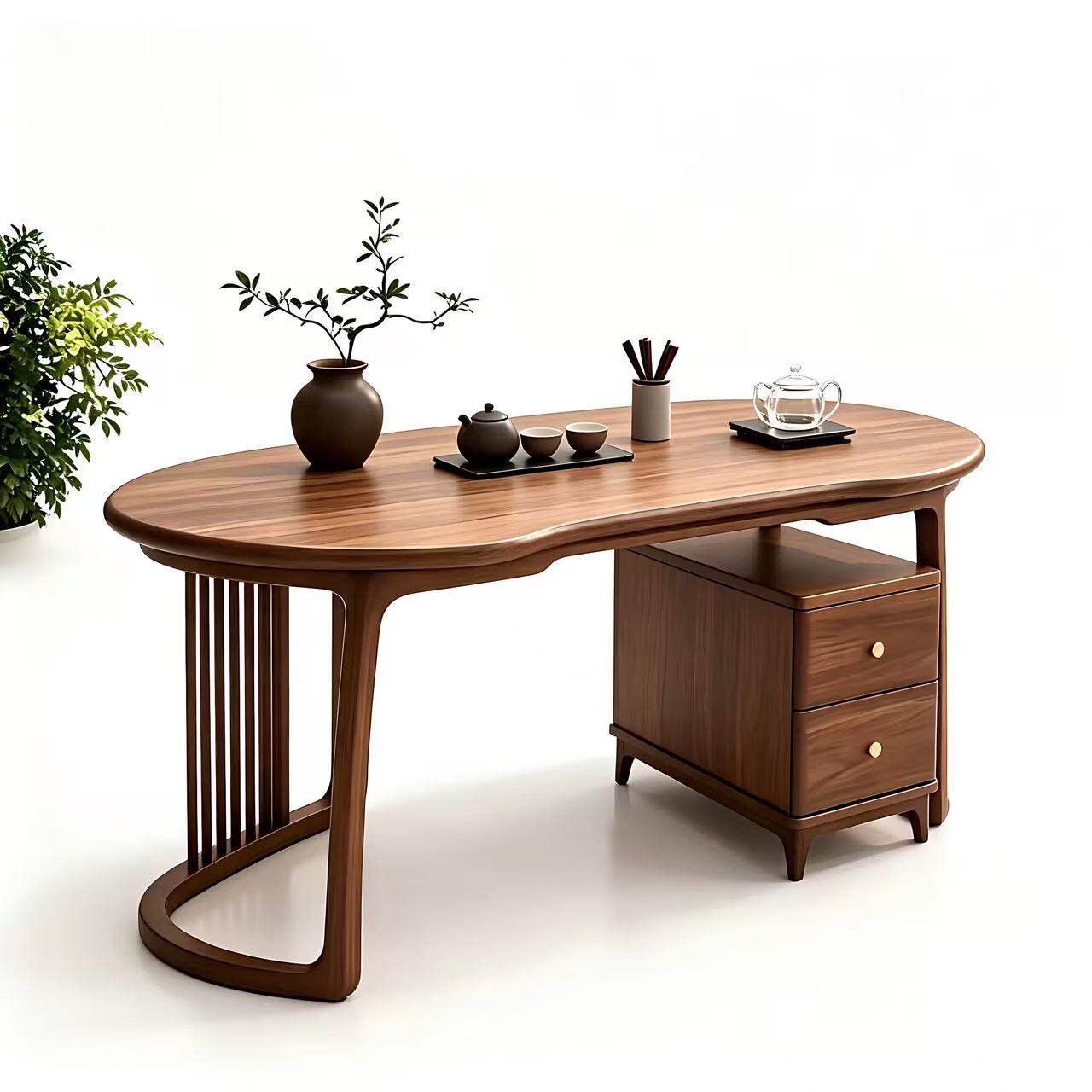 黑胡桃白蜡木桌椅组合现代简约抽屉茶桌设计感宋式美学实木泡茶台