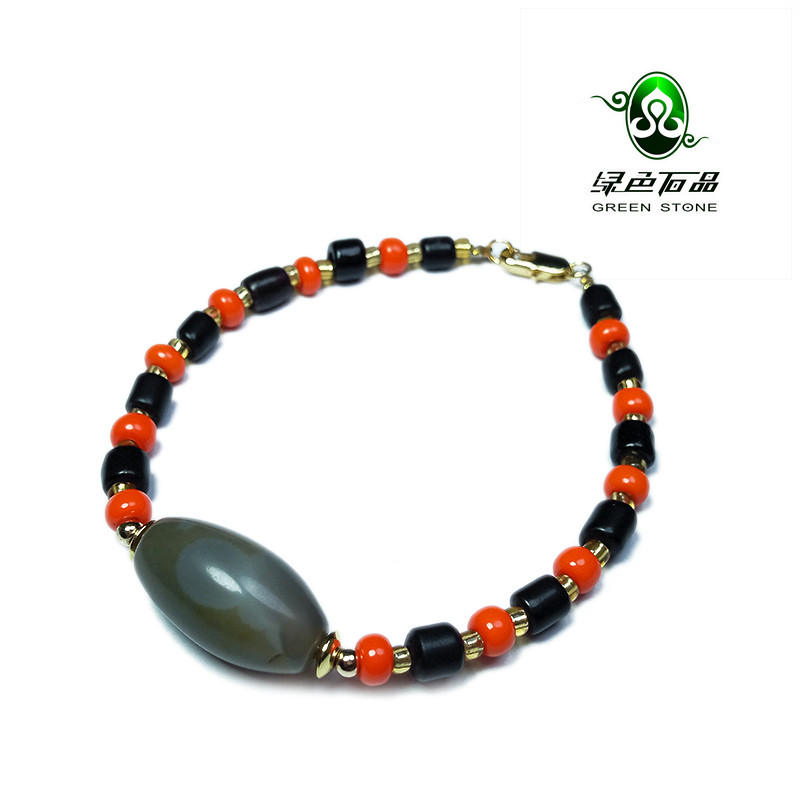 实物拍照wp1069 不还价 清代青灰色橄榄老玛瑙主珠男手链