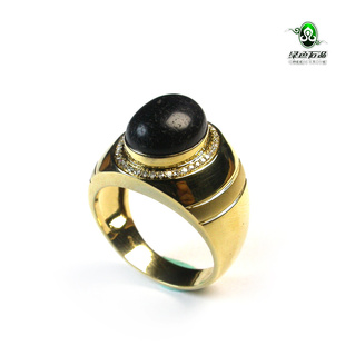 实物拍照mz2425 不还价 18k金镶天然钻石高古黑玉髓男款戒指