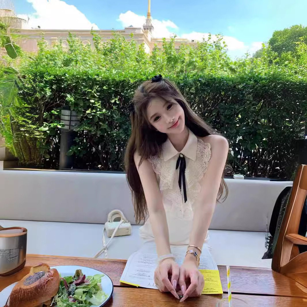 JMSHOP 许我耀眼 露思同款千金感蕾丝无袖挂脖连衣裙女夏短款