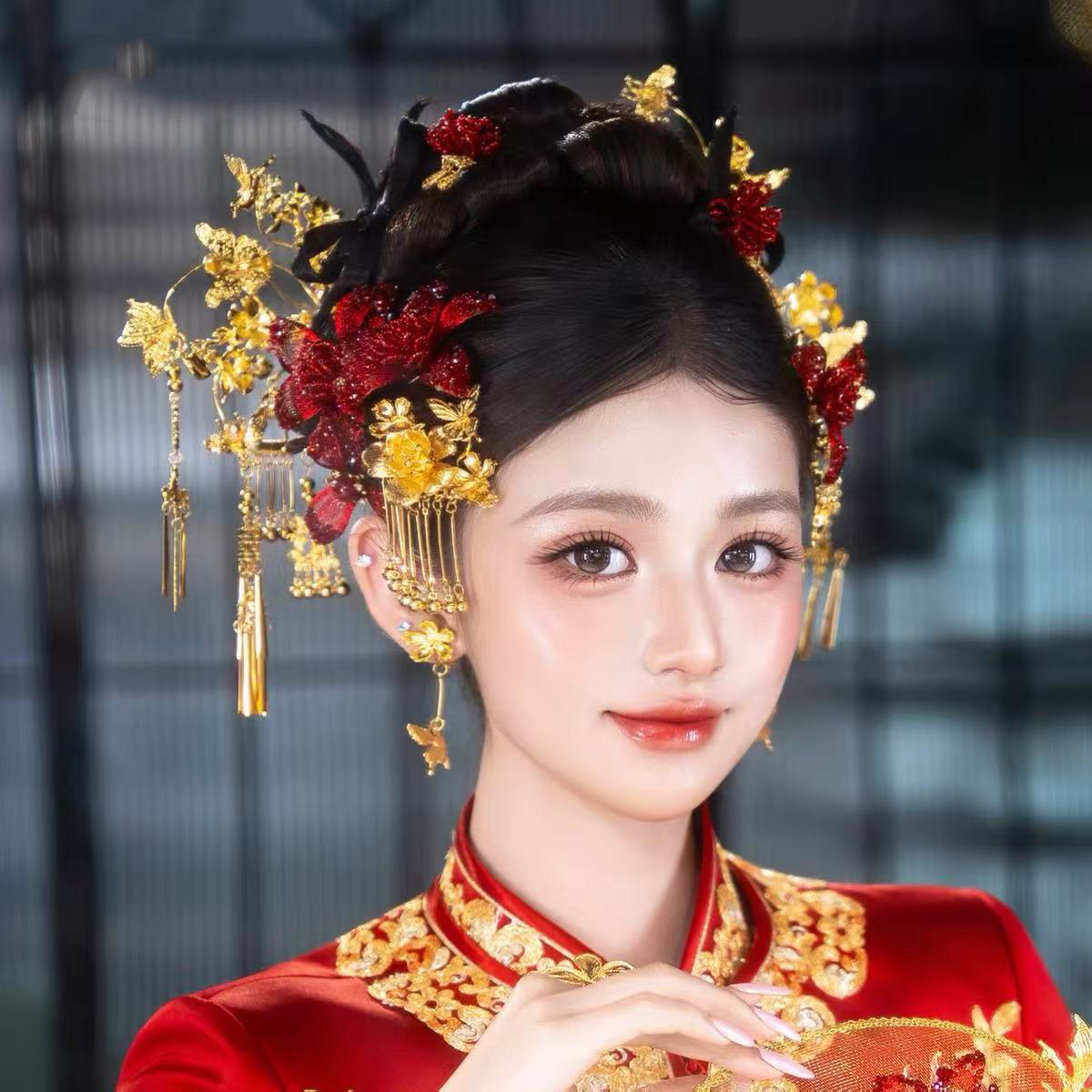 水舞U2567 新款金红色中式新娘秀禾头饰减龄古典龙凤褂发饰配饰图片