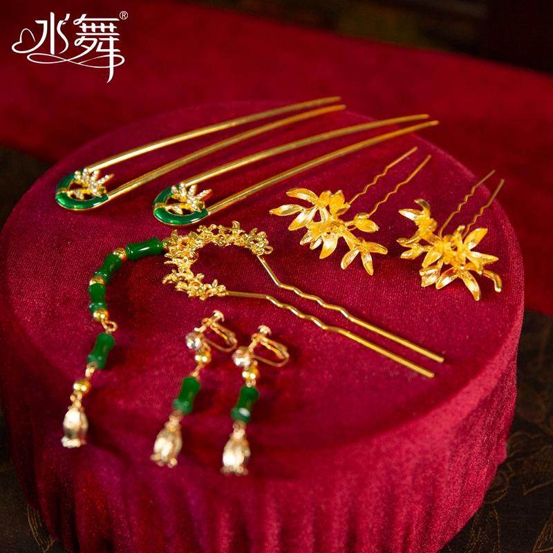 水舞U2061 中式简约金色新娘发钗头饰古典秀禾龙凤褂发簪晨袍配饰