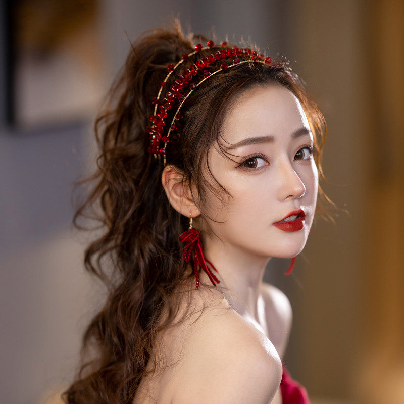 水舞b2403 新娘红色头饰套装三层敬酒服水晶串珠发箍结婚配饰品