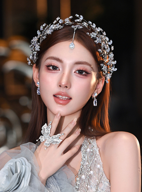 水舞A5306 重工新娘皇冠头饰锆石叶子花枝造型婚礼发箍眉心坠配饰