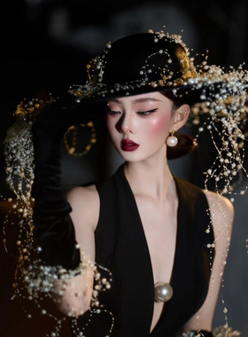 水舞B3103 手作黑色新娘礼帽串珠流苏洛丽塔复古帽子配饰写真造型