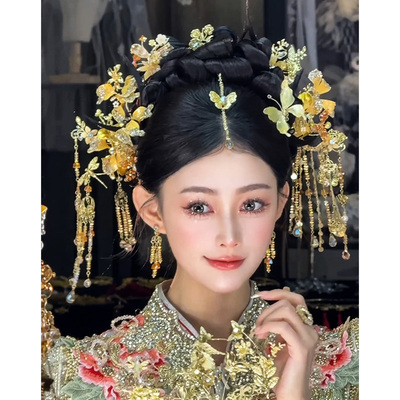 水舞U2217 金色花朵流苏中式新娘秀禾头饰古典婚礼发饰龙凤褂配饰