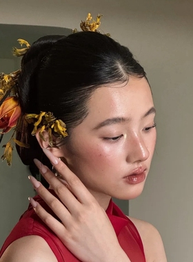 水舞U2199 康康老师同款橙黄色系花朵新中式新娘头饰晨袍礼服头花