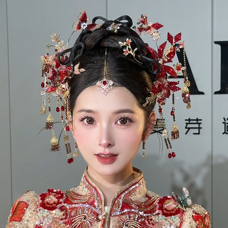 水舞U2309 中式新娘秀禾头饰红色系花朵发钗簪子婚礼婚饰步摇配饰