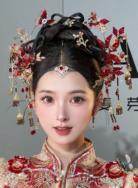 水舞U2309 中式新娘秀禾头饰红色系花朵发钗簪子婚礼婚饰步摇配饰