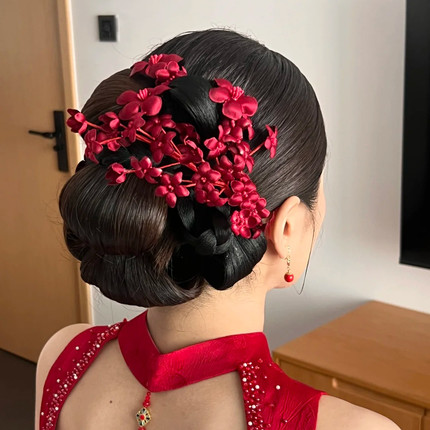 水舞A5302 新中式酒红色花朵新娘敬酒服头饰结婚盘发配饰旗袍头花