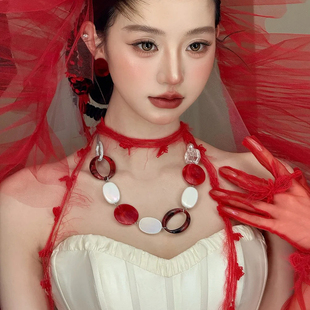 水舞D1208 个性小众撞色新娘项链红色夸张时尚礼服颈链配饰毛衣链