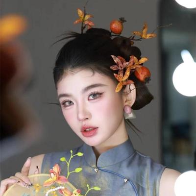 水舞U2135 新中式新娘头饰仿真石榴果花艺DIY造型晨袍配饰配耳饰