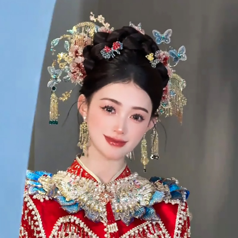 水舞U2207 中式减龄新娘秀禾头饰粉色头饰造液花流苏龙凤褂配饰