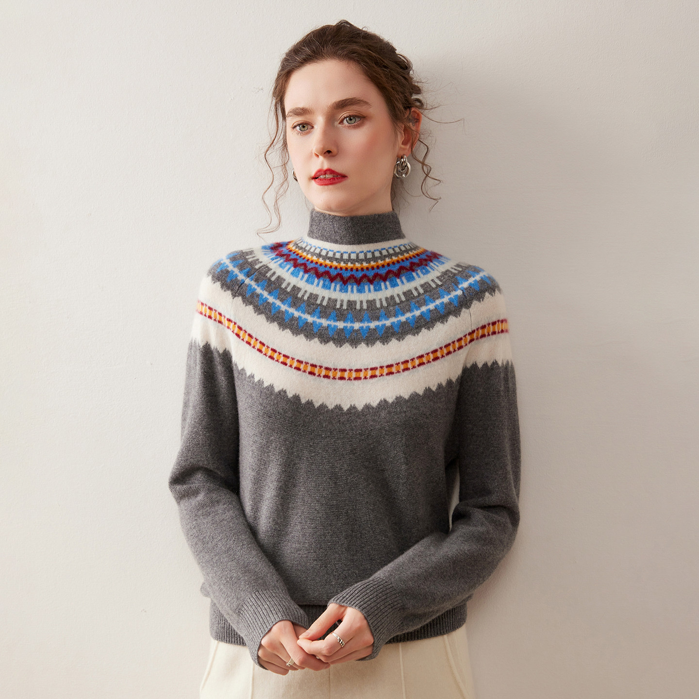 复古费尔岛提花山羊绒衫女半高领拼色加厚毛衣宽松长袖针织羊毛衫,女装/女士精品,羊绒衫,淘宝优惠券,粉丝福利购,淘宝优惠卷