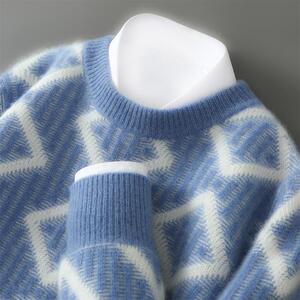 2024冬季撞色加厚100%纯羊绒衫男菱形提花针织毛衣宽松羊毛打底衫