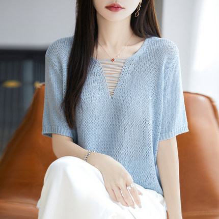 夏季v领天丝亚麻针织短袖t恤女宽松镂空显瘦套头半袖打底纯色上衣
