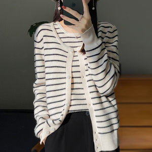 两件套100%纯羊绒开衫女圆领拼色条纹针织背心毛衣羊毛打底衫上衣