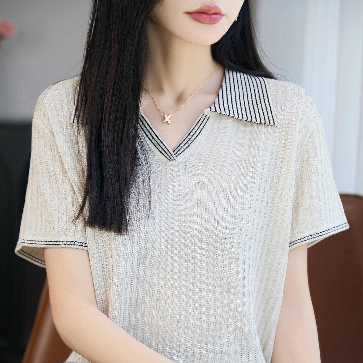 POLO领撞色天丝亚麻针织T恤背心