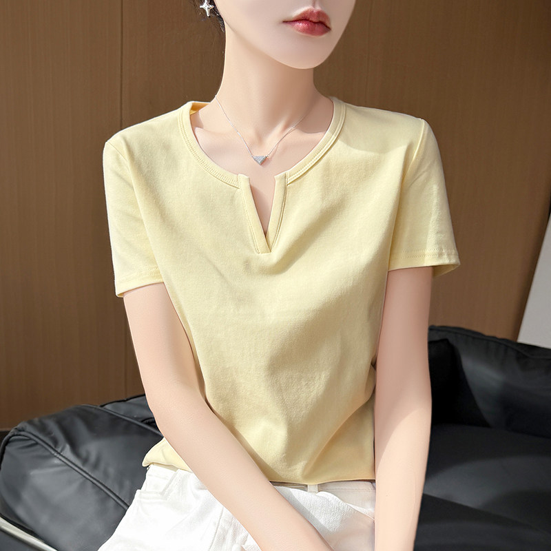 100%纯棉V领短袖女丝光棉T恤打底