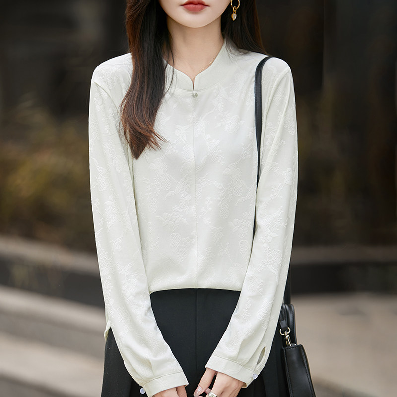 新中式国风缎面真丝上衣女立领珍珠扣立体提花长袖气质醋酸打底衫,女装/女士精品,真丝上装,淘宝优惠券,粉丝福利购,淘宝优惠卷