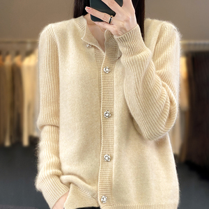 圆领100%纯羊绒衫女纯色百搭毛衣开衫宽松气质羊毛衫针织外套上衣