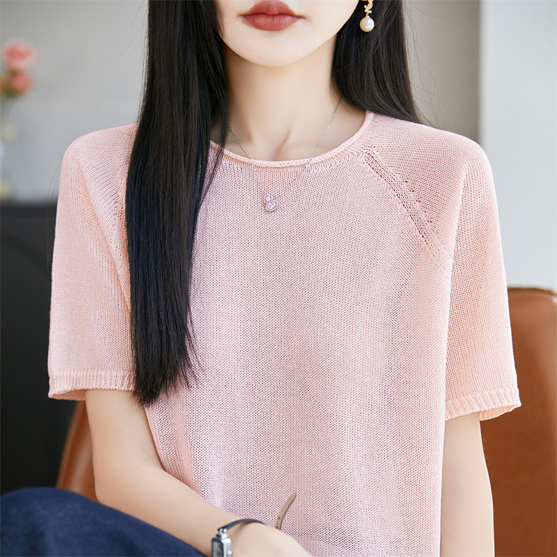 夏季卷边圆领珍珠麻针织短袖T恤女一线成衣无缝上衣宽松半袖背心