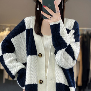 100%纯羊绒开衫女V领麻花拼色外套秋冬羊毛宽松针织加厚毛衣外搭