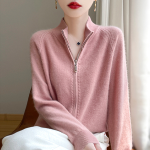 100%纯羊绒开衫女半高领拉链提花长袖外套毛衣宽松羊毛衫针织上衣
