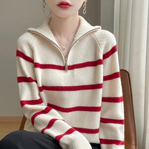 2024秋冬100%纯羊绒衫女翻领半开拉链条纹拼色毛衣加厚宽松羊毛衫