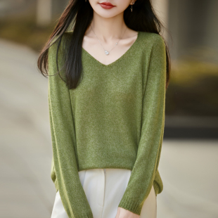 上衣宽松打底衫 针织毛衣女V领花纱长袖 桑蚕丝羊绒衫 2026春秋新款