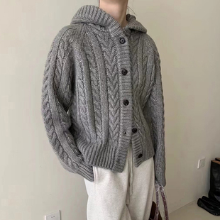 重磅加厚连帽绞花100%纯羊毛开衫女宽松慵懒风针织毛衣外套羊绒衫