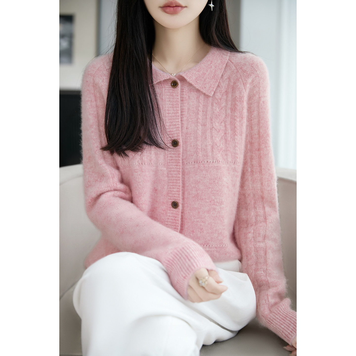 POLO领纯羊毛加厚扭花开衫女外套