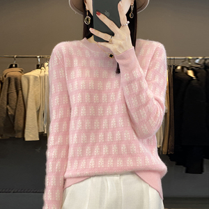 100%纯羊绒衫女秋冬新款圆领拼色提花长袖羊毛衫宽松慵懒打底毛衣