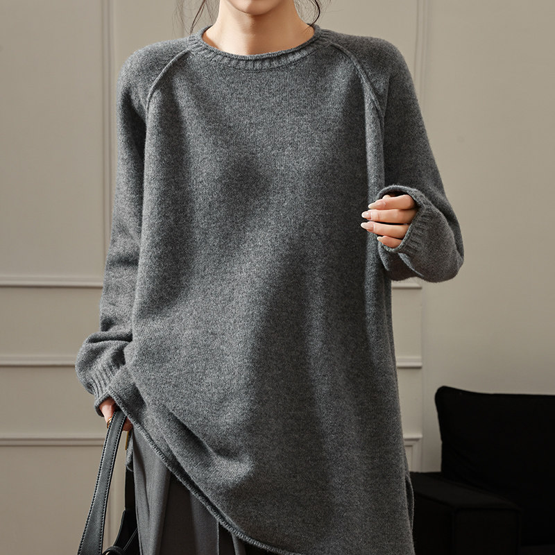 卷边圆领中长款100%纯羊毛衫女开叉针织衫毛衣宽松慵懒羊绒衫打底