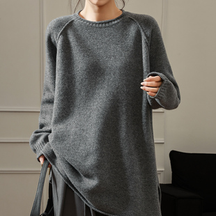 卷边圆领中长款100%纯羊毛衫女开叉针织衫毛衣宽松慵懒羊绒衫打底