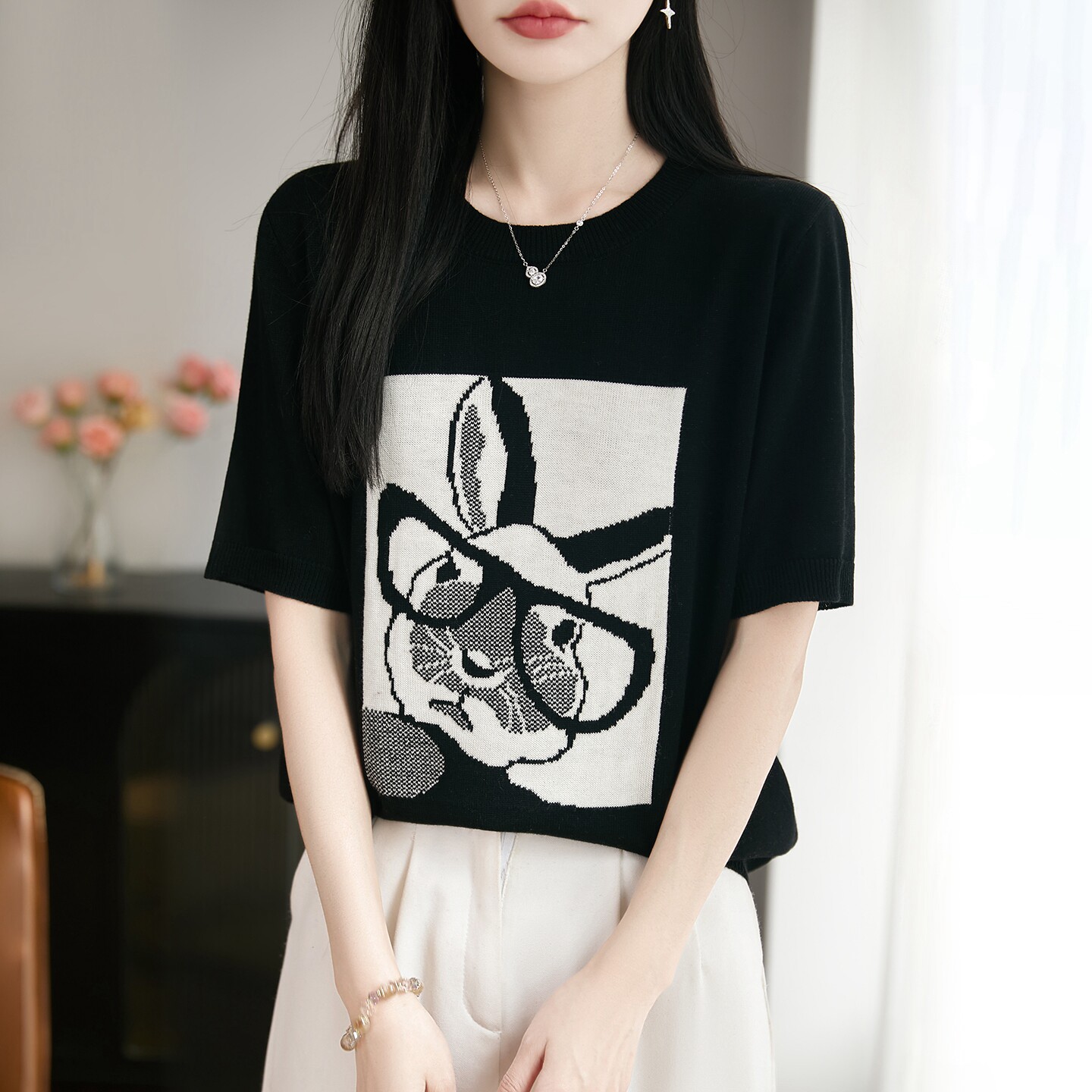 春夏卡通兔子精纺羊毛衫针织短袖女圆领拼色T恤上衣宽松半袖打底