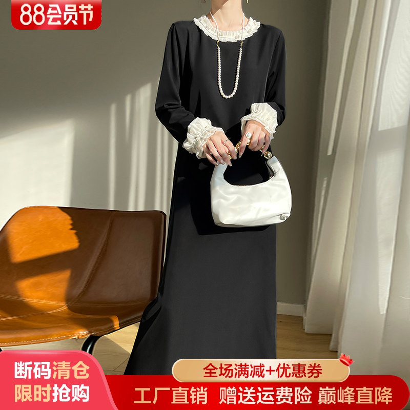 24新款法式拼色圆领中长款连衣裙女蕾丝花边真丝缎面复古长裙打底