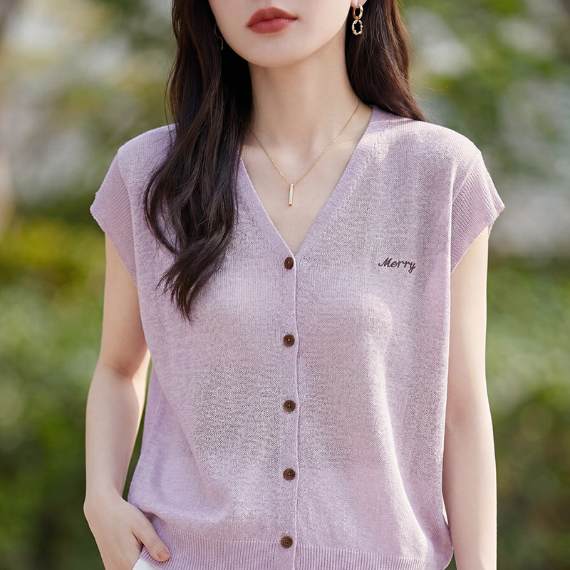 V领竹节麻针织短袖开衫女字母拼色T恤背心上衣薄款宽松半袖打底衫