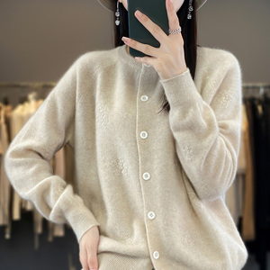 100%纯羊绒开衫女圆领刺绣钩花针织衫毛衣套宽松慵懒风羊毛衫上衣