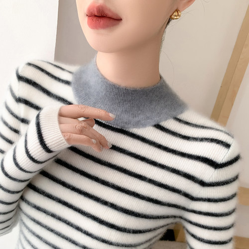 半高领山羊绒衫条纹拼色针织毛衣