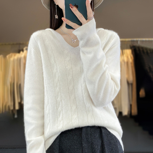 秋冬一线成衣100%羊绒帽衫女扭花长袖针织毛衣宽松羊毛衫连帽卫衣